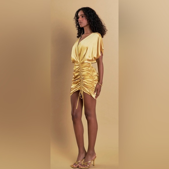 Endless Rose Shirred Gold Satin Ruched Mini Dress NEW - Picture 3 of 13